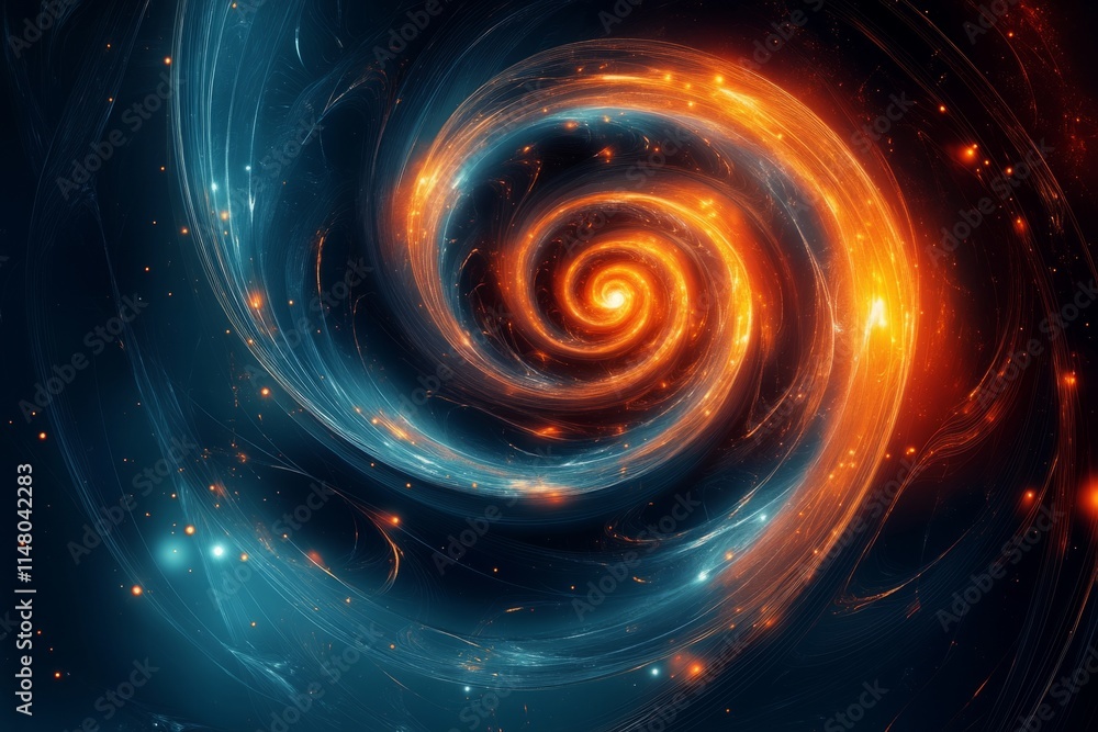 Glowing embers swirling in a fiery spiral amidst a cosmic backdrop of blue nebulae Glowing embers swirling in a fiery spiral amidst a cosmic backdrop of blue nebulae