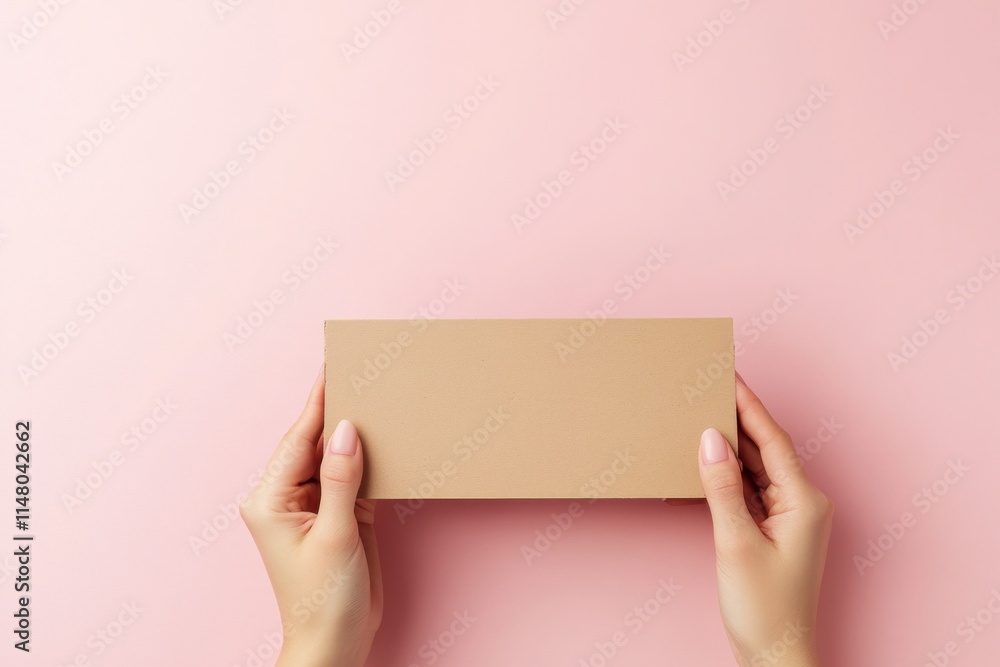 Hands holding a brown rectangular box on a pink background. Hands holding a brown rectangular box on a pink background.