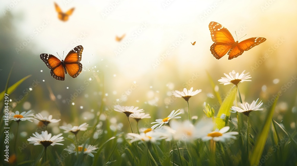Art Beautiful spring nature background. Daisy flowers in green grass, a blooming wild field meadow and butterflies flying above it Art Beautiful spring nature background. Daisy flowers in green grass, a blooming wild field meadow and butterflies flying above it