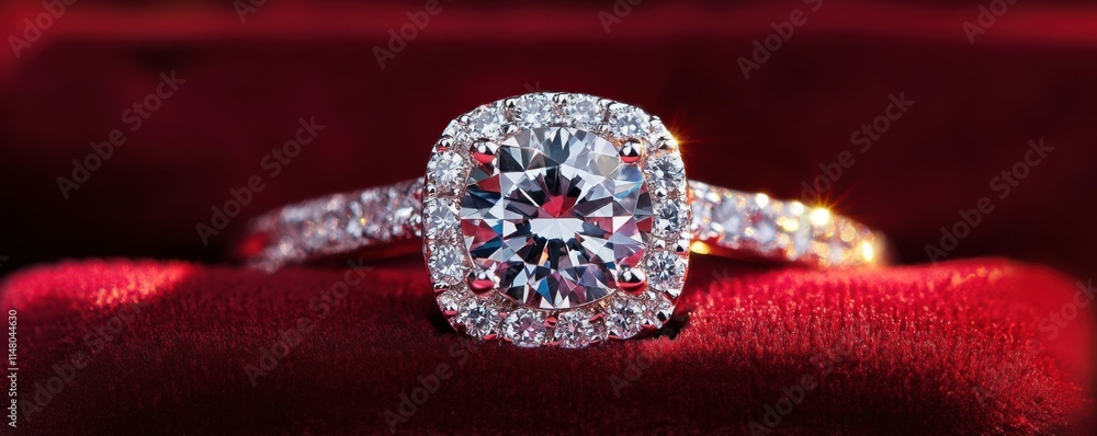 Fototapeta premium Sparkling diamond ring is being presented in a red velvet box, symbolizing love and commitment