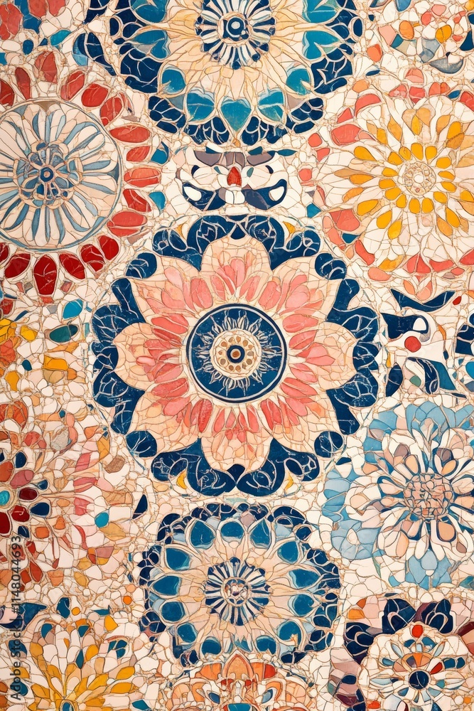 A colorful mosaic of flowers with a blue center. The flowers are in various colors and sizes. The mosaic is on a white background A colorful mosaic of flowers with a blue center. The flowers are in various colors and sizes. The mosaic is on a white background