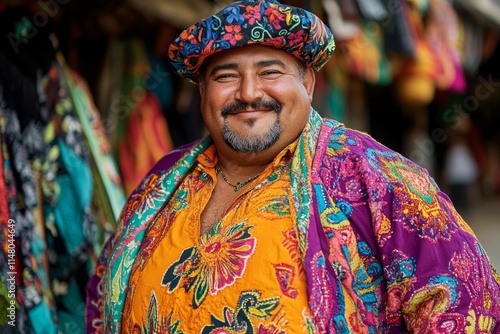 Smiling hispanic merchant wearing colorful traditional clothes and hat is posing in a local market