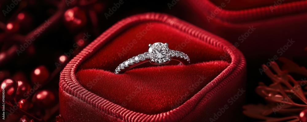 Obraz premium Sparkling diamond ring is presented in a red velvet box, capturing the essence of love and commitment