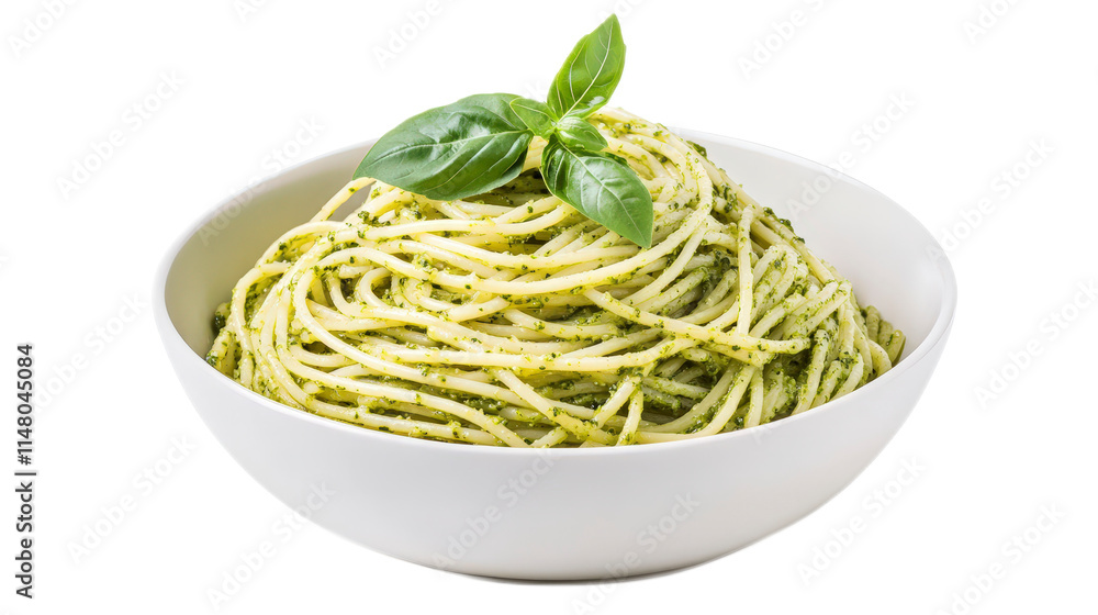 Fresh Homemade Pasta with Green Basil Pesto on a White Plate