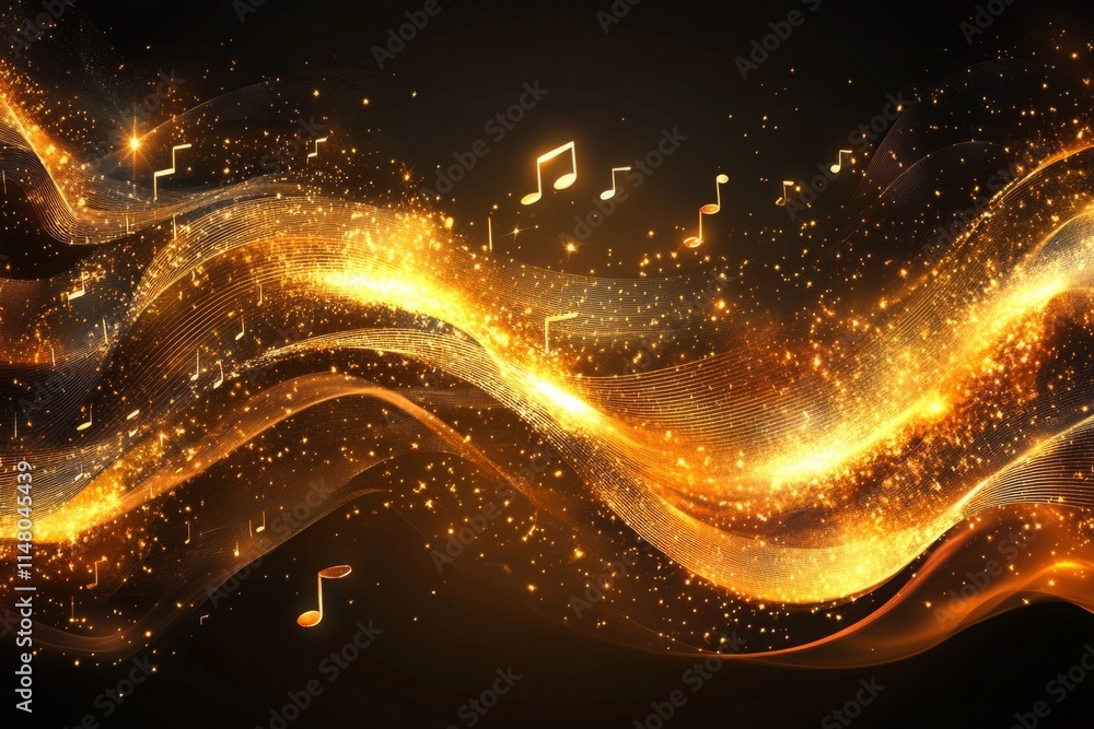 Obraz premium Golden musical notes flowing on abstract sparkling waves of music, creating a magical and festive atmosphere