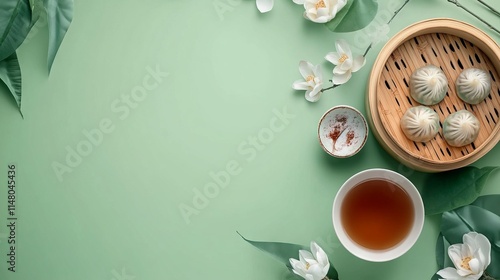 Bamboo steamer with Chinese dim sum, tea cup, and white lotus flowers on a green background for a summer festival. AI generated illustration. photo