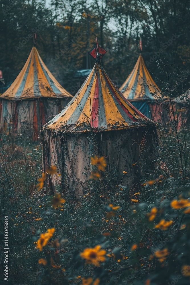 Colorful abandoned tents in a overgrown field during twilight surrounded by wildflowers Colorful abandoned tents in a overgrown field during twilight surrounded by wildflowers