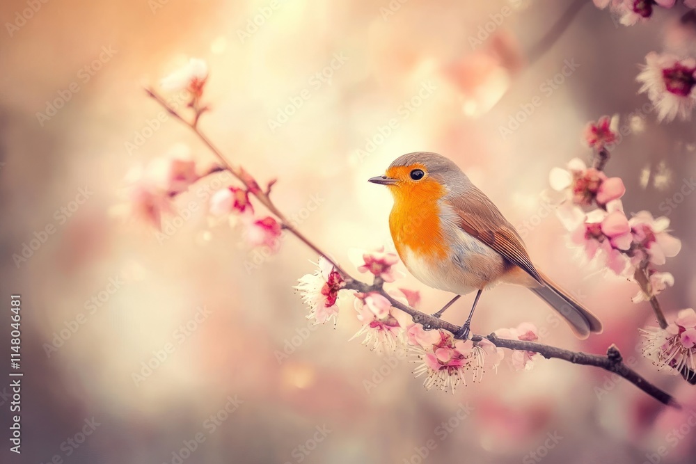 Robin bird perches on blooming cherry tree branch in soft light. Robin bird perches on blooming cherry tree branch in soft light.