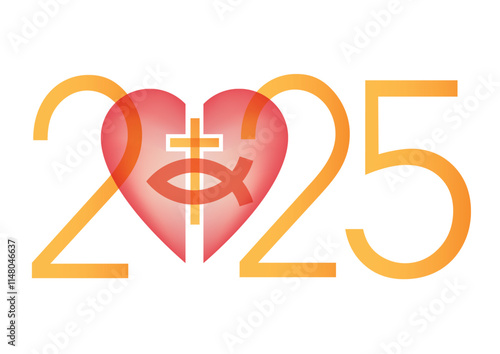 
Jesus fish symbol inside a heart symbol, new year 2025. Christianity fish symbol with cross. Yellow inscription 2025.
 Isolated on white background. Vector available.