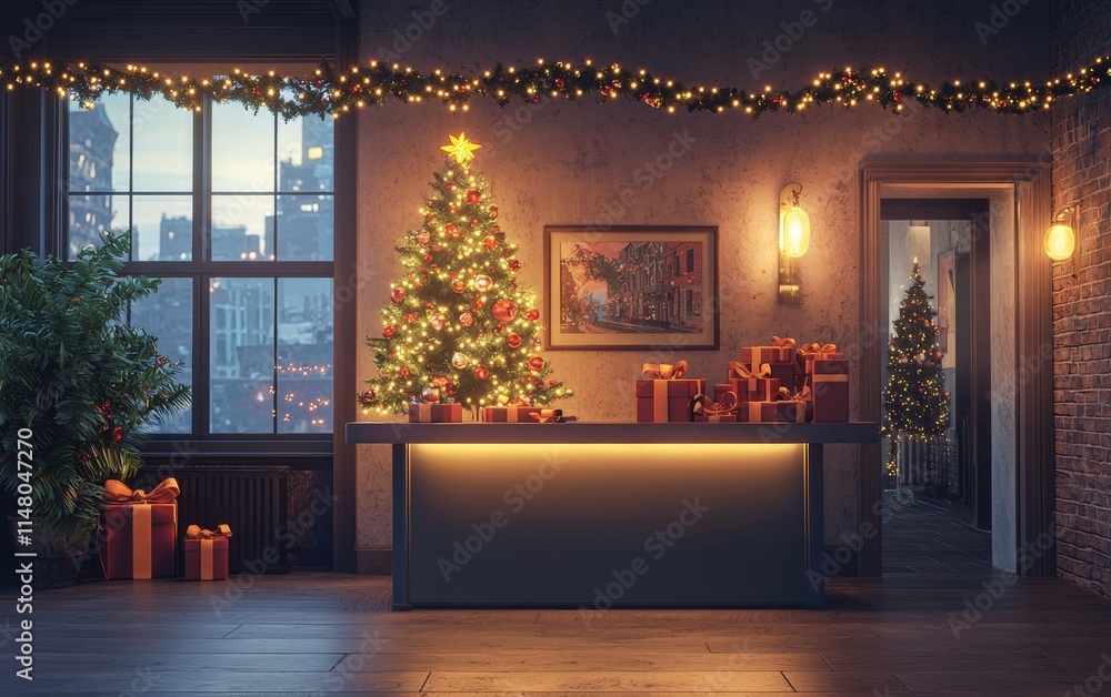 Fototapeta premium A cozy reception area with a small Christmas tree on the counter, wrapped gift boxes, and holiday lights framing the desk
