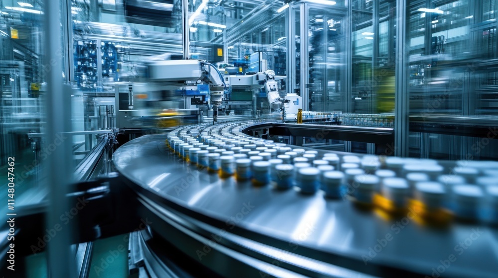 Automated Pharmaceutical Production Line Robotic Arm, Conveyor Belt, Medicine Bottles Automated Pharmaceutical Production Line Robotic Arm, Conveyor Belt, Medicine Bottles