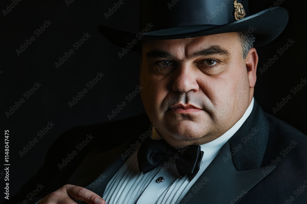 Portrait of imposing gentleman wearing formal suit and top hat, conveying power and sophistication Portrait of imposing gentleman wearing formal suit and top hat, conveying power and sophistication