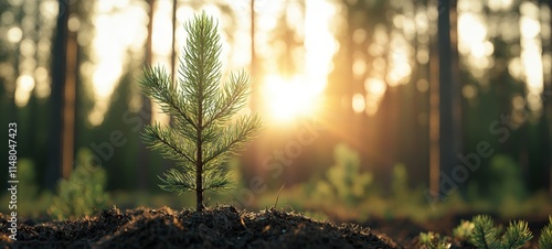 Growing pine seedling at dawn forest ecosystem nature photography peaceful environment close-up view environmental conservation