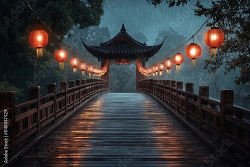 Traditional Chinese Wooden Bridge with Red Lanterns in Fantasy Landscape: Rainy Night. AI generated illustration