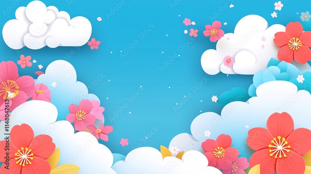 Colorful Paper Flowers and Clouds with Blue Sky Background for Bright Nature Design Colorful Paper Flowers and Clouds with Blue Sky Background for Bright Nature Design