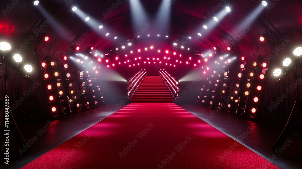 Red Carpet Entrance with Spotlight Illumination in an Elegant Event Venue Red Carpet Entrance with Spotlight Illumination in an Elegant Event Venue