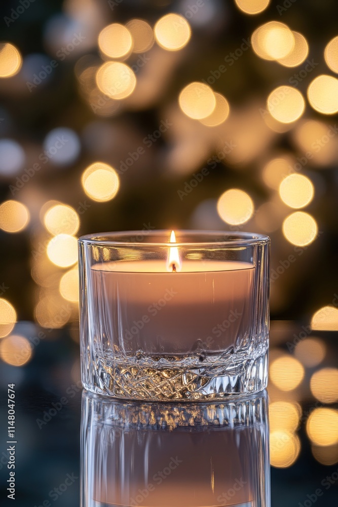 Lit candle in glass, bokeh lights background. Lit candle in glass, bokeh lights background.