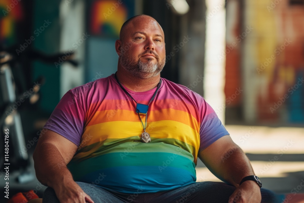 Portrait of a confident man wearing rainbow t-shirt, celebrating lgbtq pride and equality Portrait of a confident man wearing rainbow t-shirt, celebrating lgbtq pride and equality