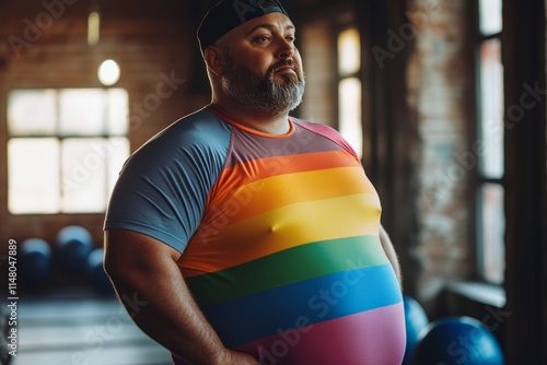 Overweight man wearing rainbow t-shirt is posing in gym, supporting lgbtq community and promoting inclusivity in fitness photo