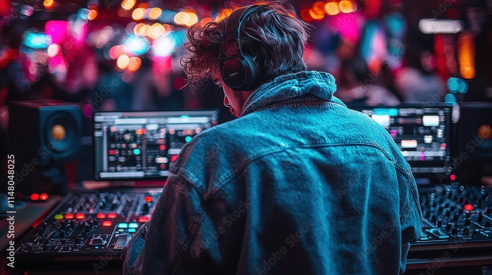 Obraz premium Music producer working at his mixing console in a vibrant studio setting. Back view, headphones on.