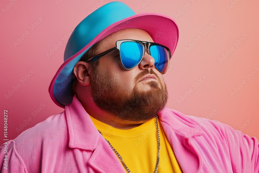 Confident plus-size man wearing trendy pink and blue outfit with sunglasses and golden chain, showcasing modern fashion for diverse body types Confident plus-size man wearing trendy pink and blue outfit with sunglasses and golden chain, showcasing modern fashion for diverse body types