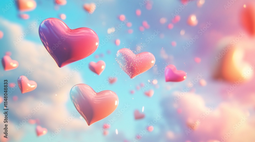 Colorful Hearts Floating in a Dreamy Sky Background with Soft Clouds and Sparkles Colorful Hearts Floating in a Dreamy Sky Background with Soft Clouds and Sparkles