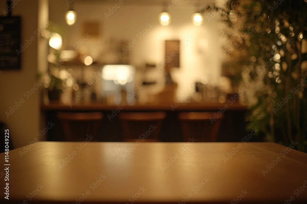 Wooden tabletop with blurred cafe background. Wooden tabletop with blurred cafe background.