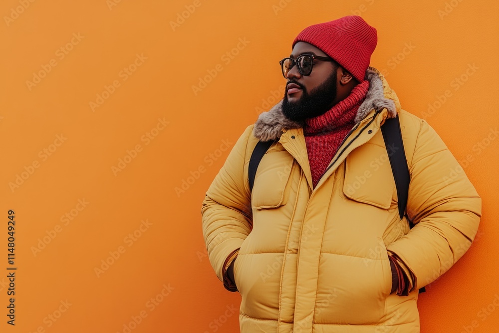 Portrait of a cool man with winter clothes, sunglasses and backpack posing near an orange wall looking away Portrait of a cool man with winter clothes, sunglasses and backpack posing near an orange wall looking away
