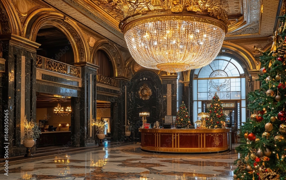 Obraz premium A luxurious hotel lobby with a massive chandelier and a festive reception desk