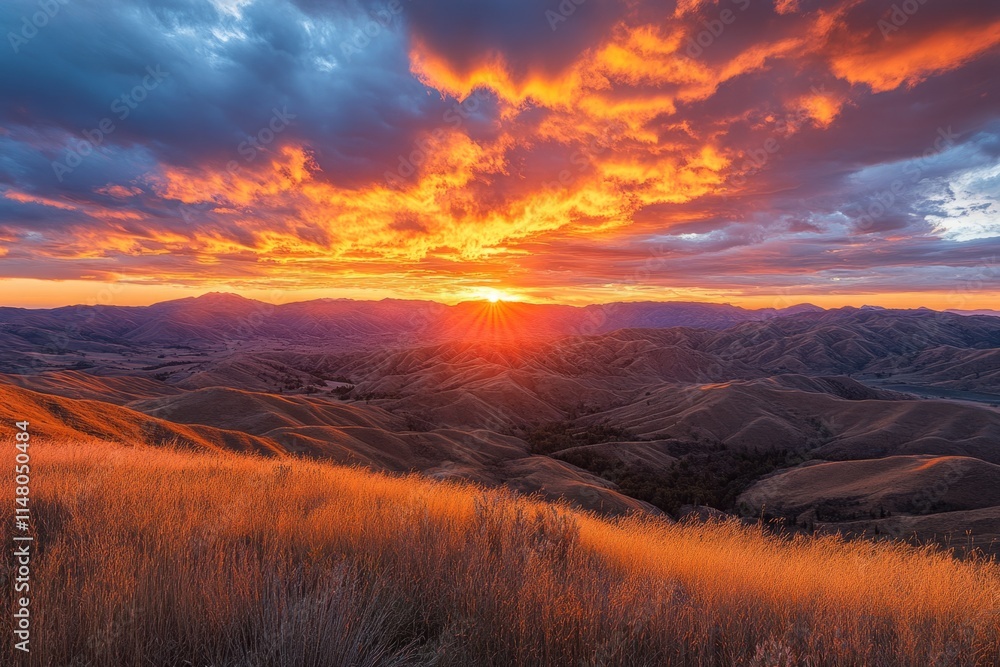 Breathtaking sunset over rolling hills, casting a warm golden glow on the dry grass landscape Breathtaking sunset over rolling hills, casting a warm golden glow on the dry grass landscape