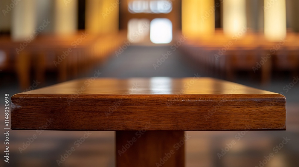 Wooden Table in Quiet Church Interior with Blurred Background and Natural Light Wooden Table in Quiet Church Interior with Blurred Background and Natural Light