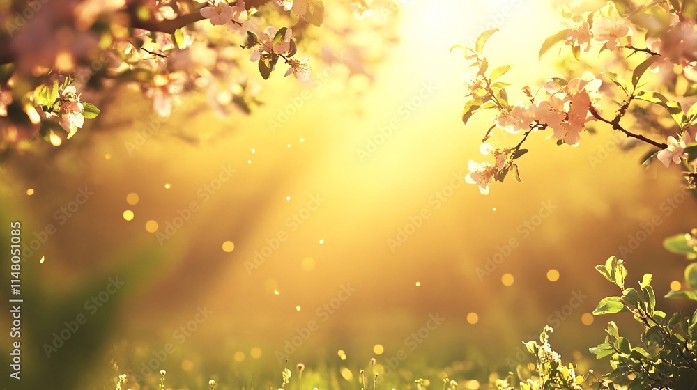 Obraz premium Soft Pink Blossoms in a Sunlit Garden with Gentle Sparkling Dust Motifs