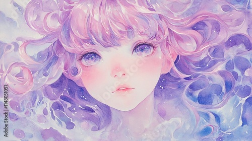 Dreamy Portrait of Ethereal Girl with Soft Pink Hair and Whimsical Background