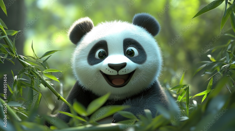Cute panda cub smiles amidst bamboo leaves in sunlit forest. Cute panda cub smiles amidst bamboo leaves in sunlit forest.