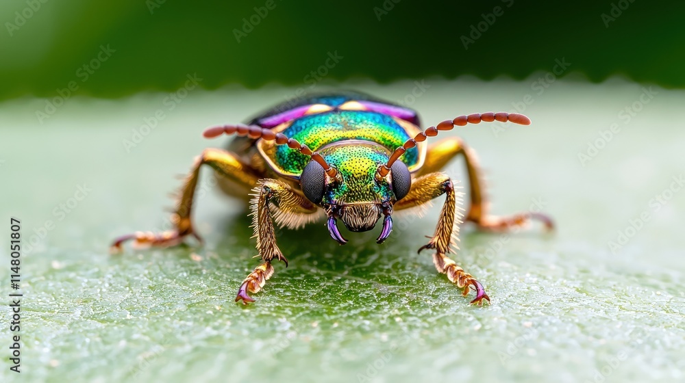 custom made wallpaper toronto digitalClose-up of a vibrant, iridescent beetle on a green leaf.