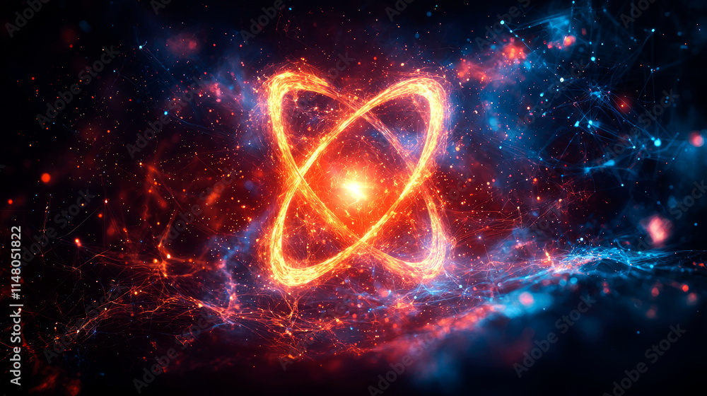 Obraz premium Fiery atom symbol in cosmic space.