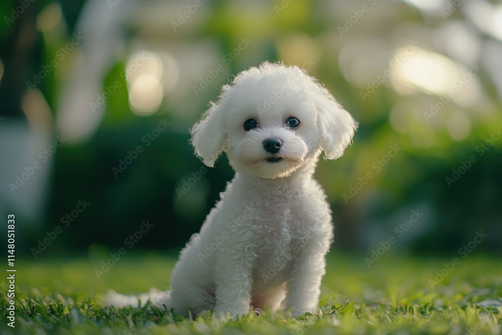 Small white dog sits outside on a green lawn. Small white dog sits outside on a green lawn.