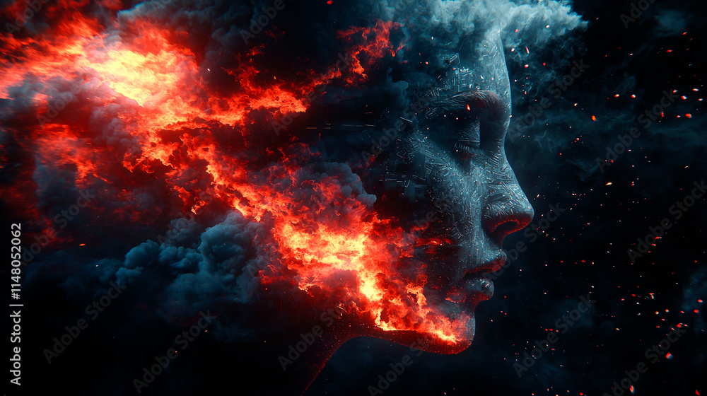 Fototapeta premium Fiery abstract female face profile.
