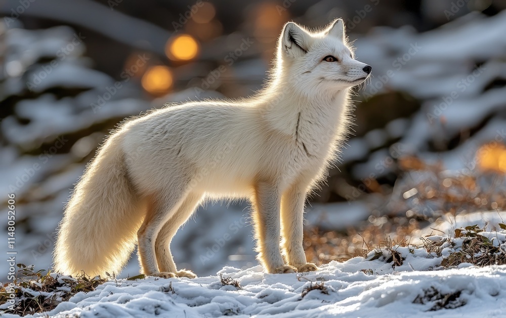 Majestic Arctic fox standing proudly in a snowy winter landscape, bathed in the golden sunlight. Its thick, white fur glows. Majestic Arctic fox standing proudly in a snowy winter landscape, bathed in the golden sunlight. Its thick, white fur glows.