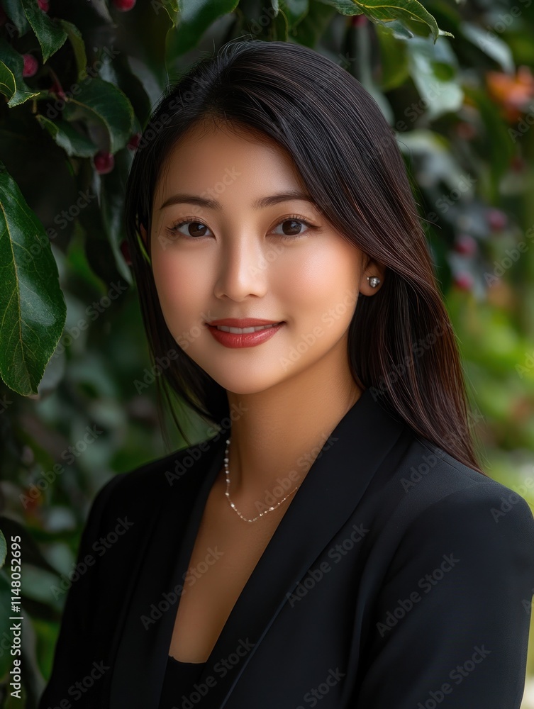 Pretty Asian woman with black blazer, garden background. Pretty Asian woman with black blazer, garden background.