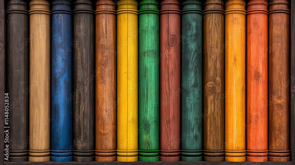 Colorful Wooden Cylinders Arranged in a Row on a Shelf Colorful Wooden Cylinders Arranged in a Row on a Shelf