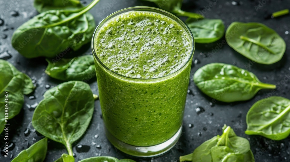 Fresh Green Smoothie in Clear Glass Surrounded by Raw Spinach Leaves, Healthy Drink for Nutritional Lifestyle and Wellness on Dark Rustic Background Fresh Green Smoothie in Clear Glass Surrounded by Raw Spinach Leaves, Healthy Drink for Nutritional Lifestyle and Wellness on Dark Rustic Background