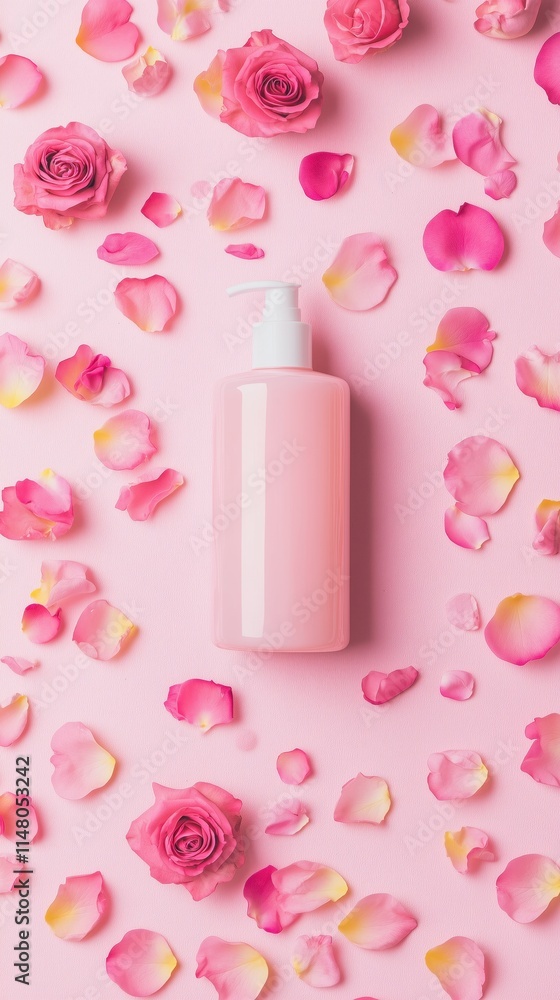 Flat lay pump bottle on pink background with pink rose petals Flat lay pump bottle on pink background with pink rose petals