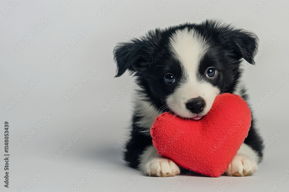 Cute black and white puppy with red heart on light background. Cute black and white puppy with red heart on light background.
