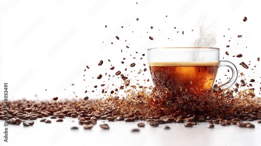 Obraz premium Dynamic Coffee Spill and Beans on White Background. Generative AI