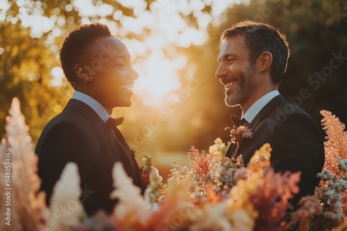 Happy grooms exchanging loving glances during their wedding ceremony, surrounded by beautiful flowers and warm sunset light photo