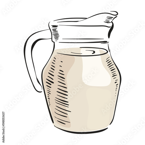 Glass jug with milk. Farm organic product. Milk and dairy product storage container. Engraving style. Hand drawn vector isolated illustration. For rustic natural product design.