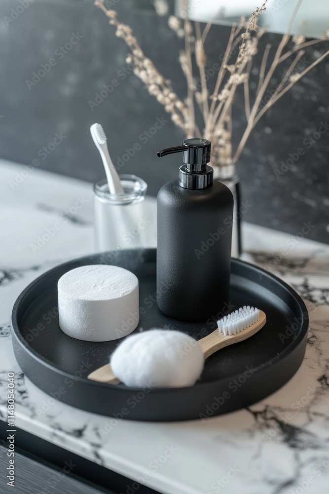Black tray with bath items on marble counter. Black tray with bath items on marble counter.