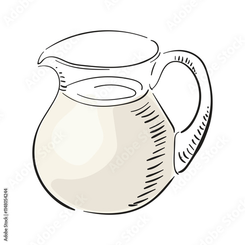 Glass jug with milk. Farm organic product. Milk and dairy product storage container. Engraving style. Hand drawn vector isolated illustration. For rustic natural product design.