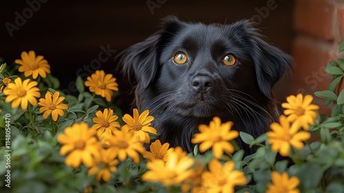 Wallpaper Mural Black dog with amber eyes peeking from yellow flowers. Torontodigital.ca